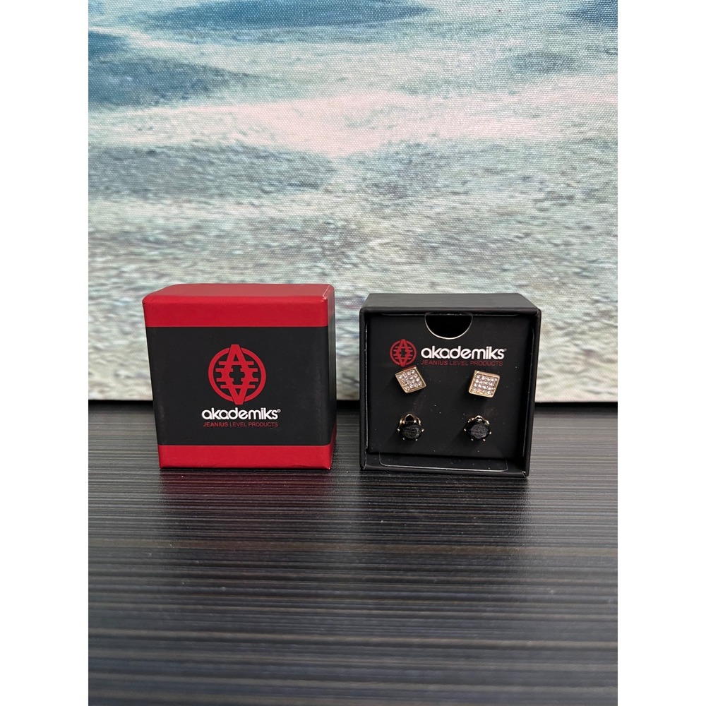 🎁Akademiks Mens Stud Earring Set Gold Tone Square Crystal and Black Round Studs